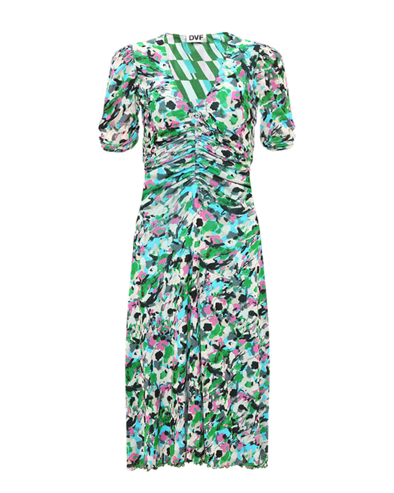 Front of a size XLX DVF KOREN REVERSIBLE DRESS in FLOWER BED/ARTA GEO GREEN by Diane von Furstenberg. | dia_product_style_image_id:290086